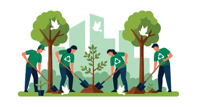 People Planting Trees in a City to Improve the Environment