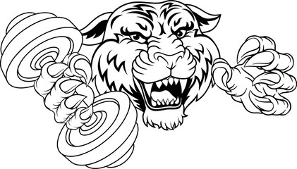 A tiger weight lifting gym animal sports mascot holding a dumbbell weight in his claw