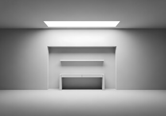 Minimalist White Room with Shelves and Overhead Lighting.