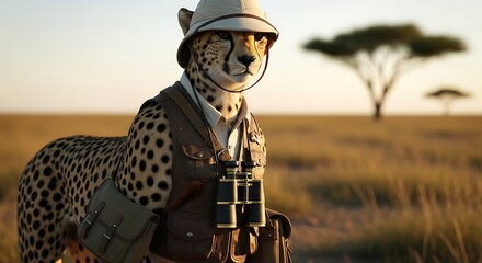 Cheetah Explorer in Safari Gear with Binoculars.