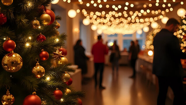 A glowing decorated christmas tree, ornaments, indoor holiday party, people, festive lights - business, meeting, seminar, conference, corporate social event, networking, gathering, celebration