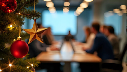 A glowing decorated christmas tree, ornaments, professional business people office meeting, colleagues, conference room - teamwork, discussion, planning, collaboration, seminar, corporate social event