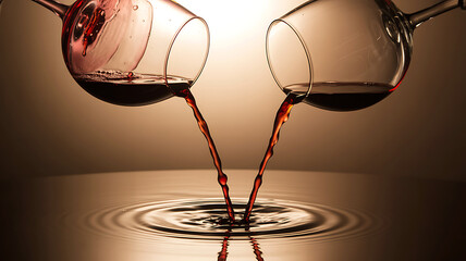 Two glasses of red wine pouring into a pool of liquid creating ripples