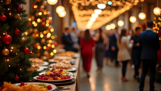 Christmas buffet table, food, glowing decorated trees, office holiday dinner party, people, festive - business, meeting, seminar, conference, gathering, catering, corporate social event, networking