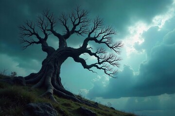 Gnarled Tree Clawing at a Stormy Sky A Dramatic, Ominous Landscape Photograph Representing the Untamed Power of Nature.