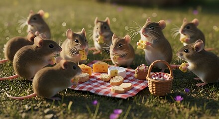 Mice Picnic - A Gathering of Tiny Friends Enjoying a Feast Outdoors.