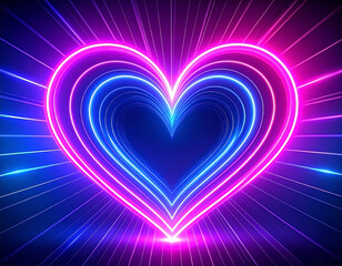 Glowing heart nested, neon pink and blue with radial lines