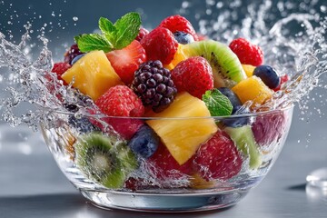 Fresh Fruit Salad Splashing in Glass Bowl