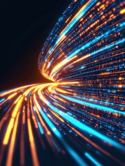 A vibrant, abstract representation of flowing blue and orange light streaks, suggesting motion and energy against a dark background.