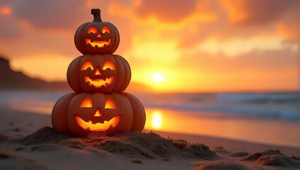 Stack of spooky glowing carved jack-o-lantern pumpkins on sandy beach, ocean waves, beautiful sunset sky, copy space - tropical Halloween decoration, festive holiday celebration, autumn fall season