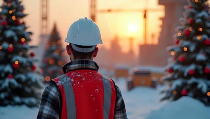 Back view of construction worker in hard hat and safety vest, standing in snowy construction site, crane and festive decorated christmas trees - working through holiday, Christmas festive celebration