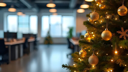 A glowing decorated christmas tree, golden ornaments, empty modern office interior, lights - Christmas celebration, corporate event, holiday party, festive workplace, business