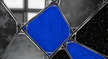 Abstract Stained Glass Window with Blue and Monochromatic Diamond Shapes.