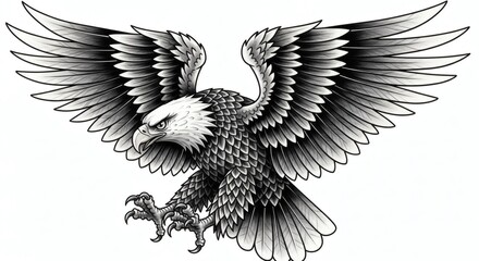 Obraz premium Detailed Grayscale Bald Eagle Flying Tattoo Vector