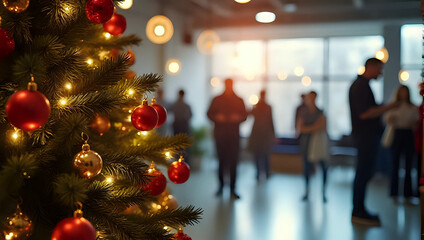 A glowing decorated christmas tree, ornaments, office holiday party, people, festive lights - business, meeting, seminar, conference, corporate social event, networking, Christmas celebration