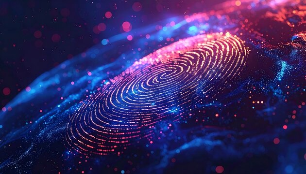 Abstract digital fingerprint highlighted in a glowing blue and pink environment with floating particles, suggestive of technology & security - Powered by Adobe