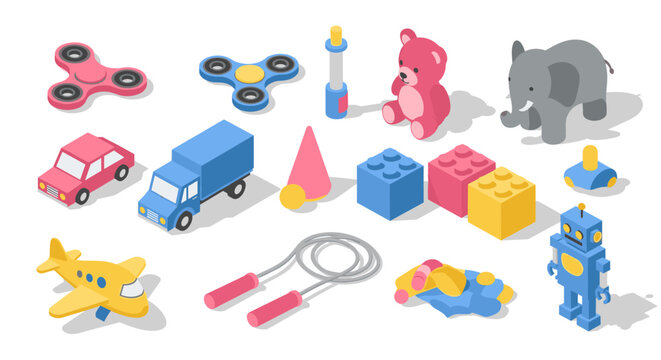 Colorful isometric toys collection with cars, animals, and robots for kids