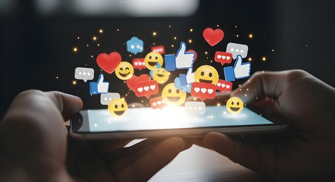 A person uses a smartphone with floating social media emojis, symbolizing online interaction, engagement, and digital communication in modern life.