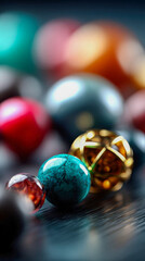 Artistic macro shot of colorful gemstones and metallic spheres on a reflective surface with beautiful bokeh background