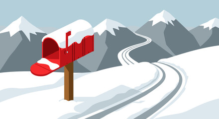 Winter mailbox with snow-covered mountains and winding road