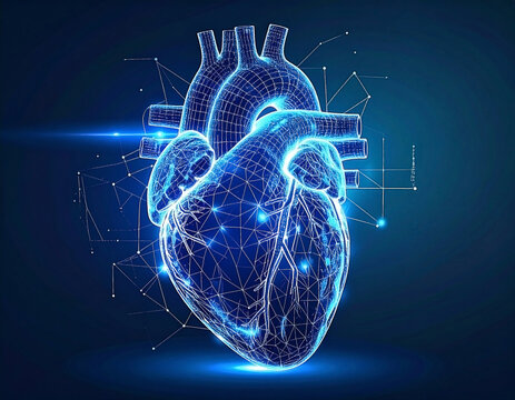 Digital heart structure in blue, network connections visible