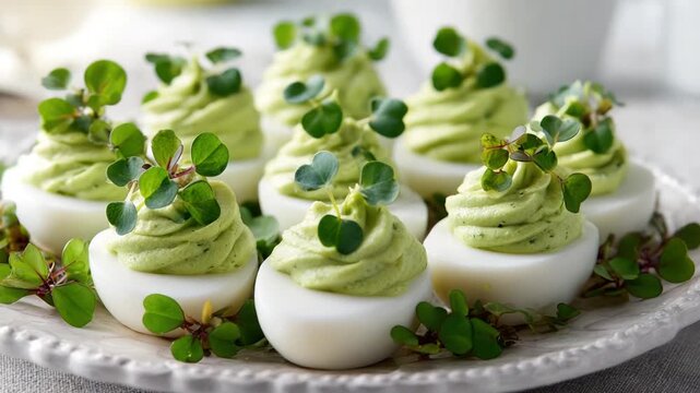 Deviled eggs, filled with a light green avocado mixture, topped with fresh microgreens