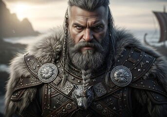 Viking Warrior - Intense Gaze of a Seasoned Norseman on the Shores.
