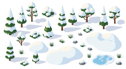 Obraz premium Winter landscape with snowy trees and bushes in isometric style