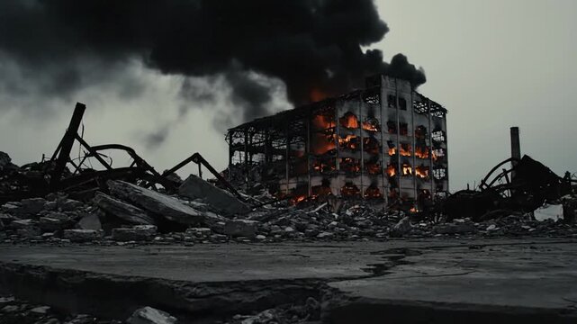 Devastation: Burning Building Amidst Rubble and Smoke, Destruction Scene