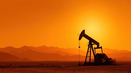 Fototapeta premium Sunset over Oil Pump Jack Silhouette in Desert Landscape with Mountain Range in Background