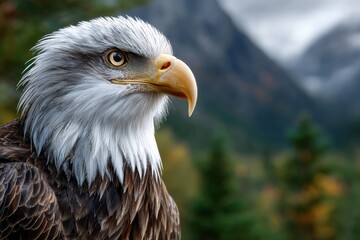 Obraz premium Majestic Bald Eagle Portrait Against Blurred Mountain Backdrop