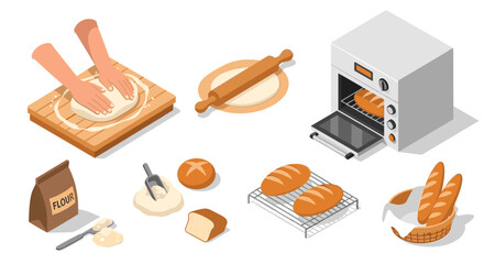Baking essentials in isometric style: bread, oven, and ingredients for the perfect homemade loaf