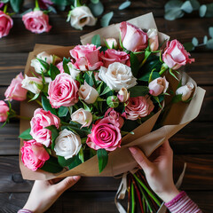 Bouquet of fresh pink and white roses wrapped in craft paper in hands of girl on wooden background