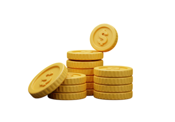 Stacks of golden dollar coins in a 3D illustration style symbolizing savings, investment, and economic growth on an isolated background