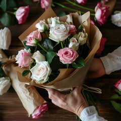 Bouquet of pink and white roses with green leaves in craft paper