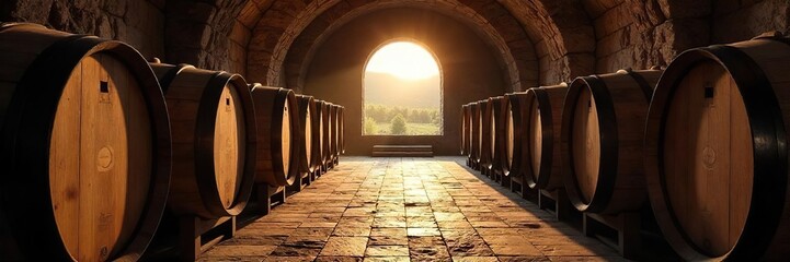 Sunlit Spanish Vineyard Cellar Rows of Oak Wine Barrels Aging in Dim Light, Rich Textures and Grape Aroma