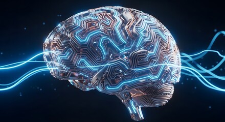 A futuristic digital brain model with glowing blue neural network pathways, symbolizing artificial intelligence and advanced data processing