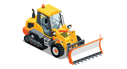 Obraz premium Isometric construction bulldozer with snow plow attachment in bright yellow and orange