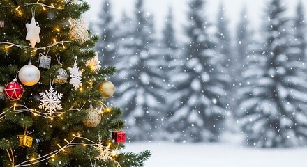 Christmas tree adorned with ornaments in a snowy winter forest.