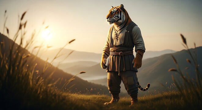 Anthropomorphic Tiger Warrior Standing in a Mountain Landscape at Sunrise. - Powered by Adobe