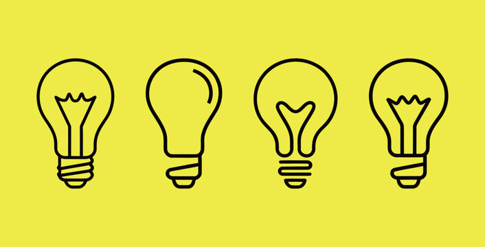Collection of Vector Outline Light Bulb Icons on Bright Yellow Background