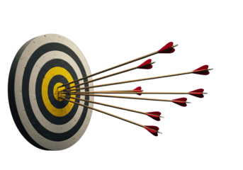 A multitude of arrows hitting and missing a circular target, representing the challenges, efforts, and diverse outcomes in achieving goals or strategic objectives