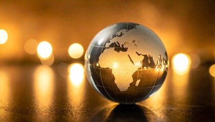 Glass globe with etched continents on dark surface, glowing with warm blurred lights, symbolizing global insight.