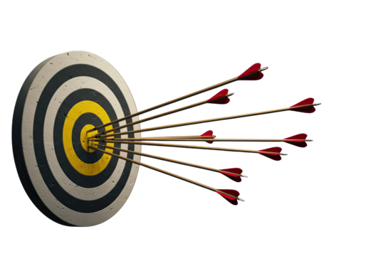 A multitude of arrows hitting and missing a circular target, representing the challenges, efforts, and diverse outcomes in achieving goals or strategic objectives