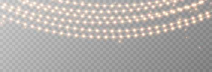 Christmas garland png. Bright Christmas golden lights. Christmas decoration for holiday design.