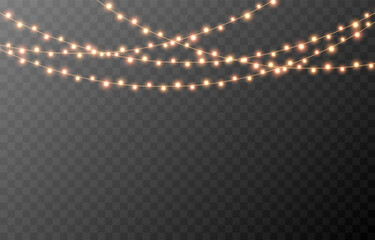 Christmas garland png. Bright Christmas golden lights. Christmas decoration for holiday design.