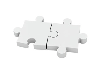 A 3D rendering of two interconnected white jigsaw puzzle pieces symbolizing a solution, partnership, and teamwork on an isolated white background