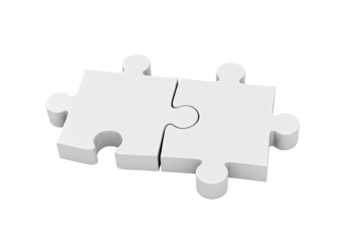 A 3D rendering of two interconnected white jigsaw puzzle pieces symbolizing a solution, partnership, and teamwork on an isolated white background