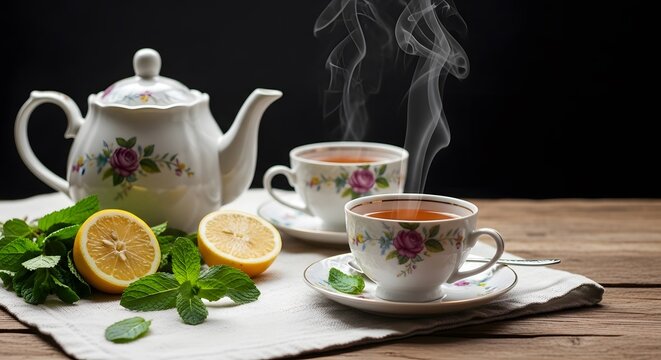 Herbal tea with lemon, mint, and steam, served in porcelain
