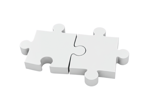 A 3D rendering of two interconnected white jigsaw puzzle pieces symbolizing a solution, partnership, and teamwork on an isolated white background